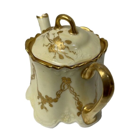 Porcelain White Gold Floral Theme Teapot Bavaria Glossy Painted 5 1/2" x 7 1/2" - Picture 1 of 6